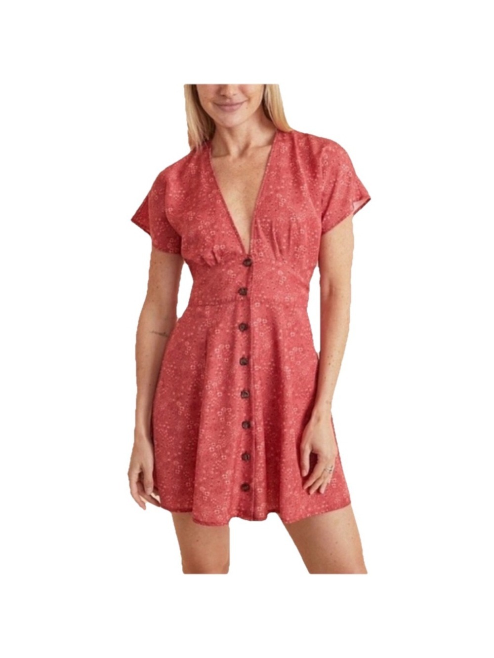 Marine Layer Camila Mini Dress XS Red Ditsy Floral Boho Hippie Cottagecore Beach